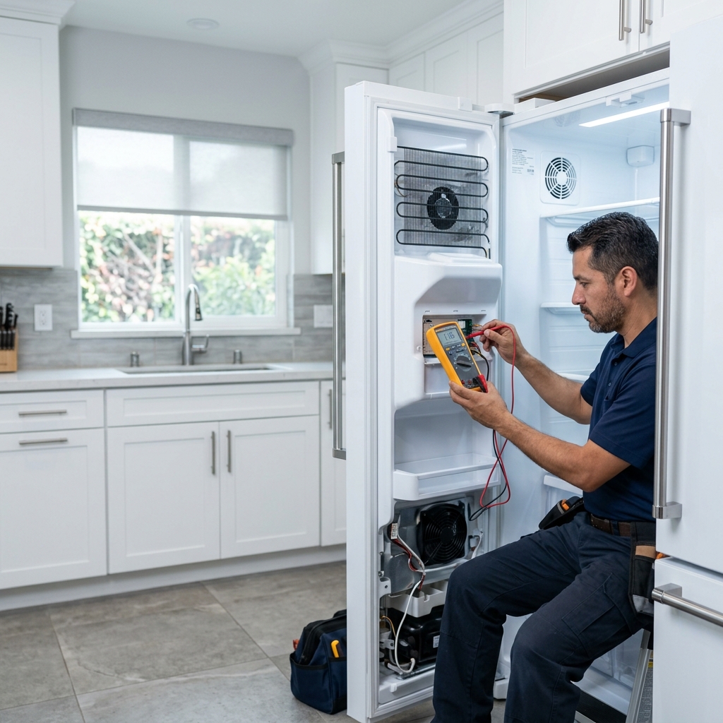 Técnico diagnosticando un refrigerador residencial con un multímetro en una cocina.