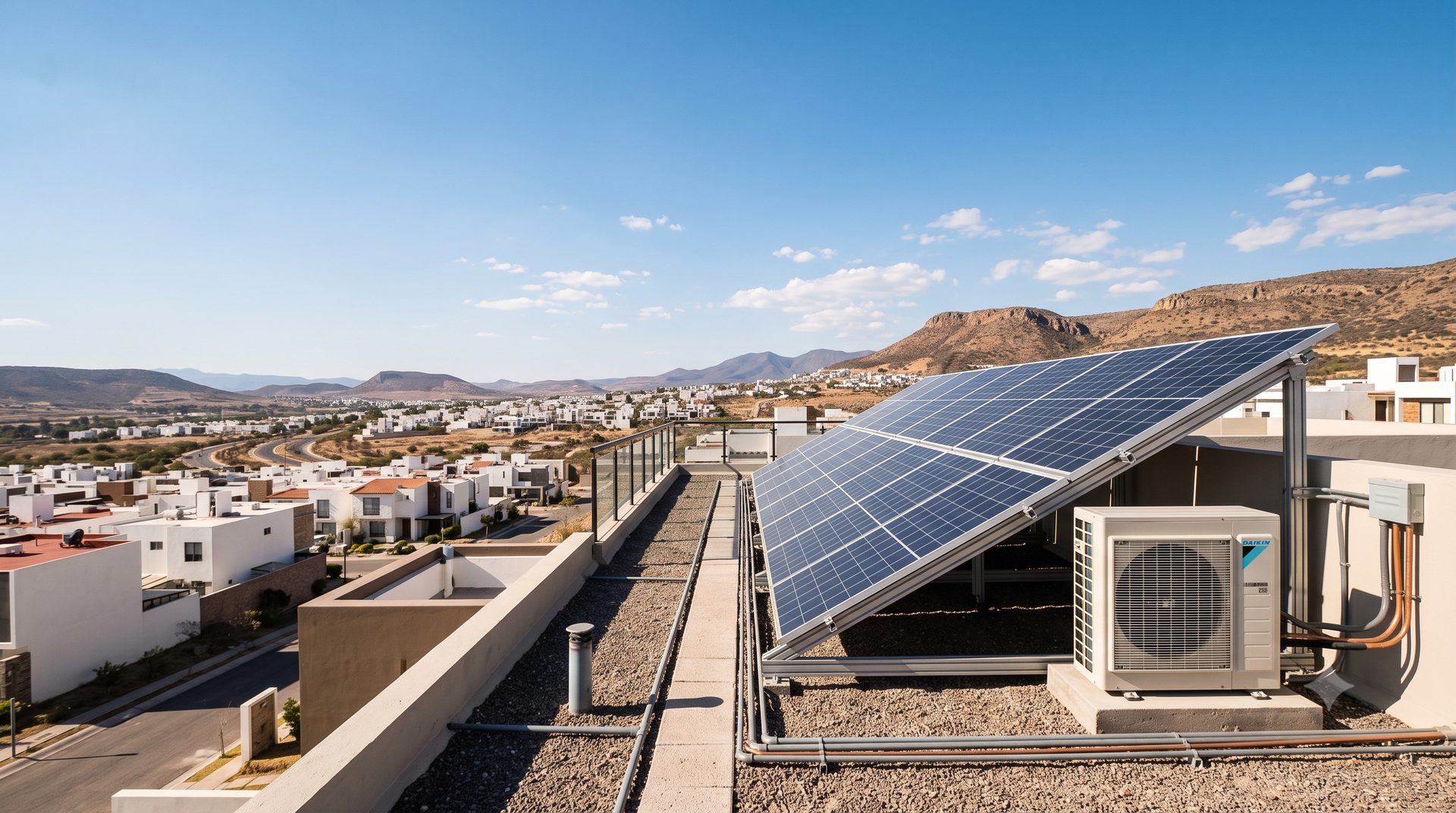 Paneles solares junto a un minisplit en la azotea de una residencia en Querétaro, con vista al fraccionamiento y los cerros.