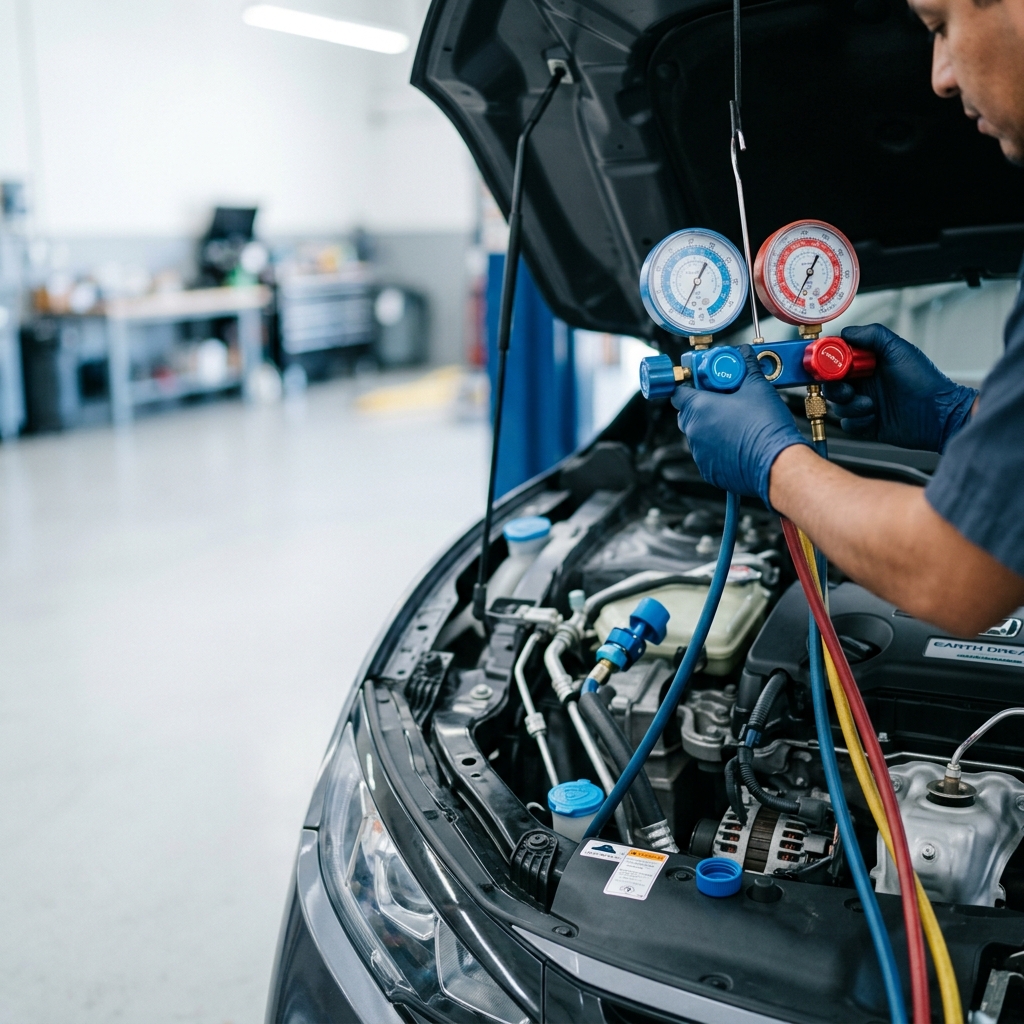 Técnico usando manómetros de manifold para revisar el aire acondicionado de un auto en el taller.